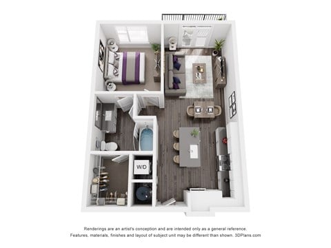 Floor plan for 1 bed, 1 bath, 745 sqft